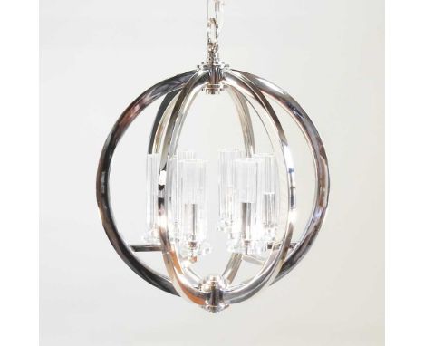 A modern Eros six branch nickel ceiling light, of globe shape, with glass shades46d x 60h cm