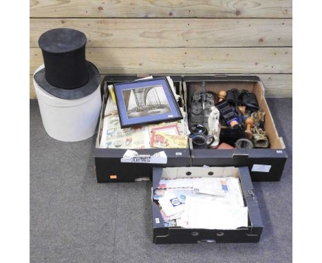 A collection of 19th century and later metalwares, ephemera and other items, to include stamps and a concertina top hat
