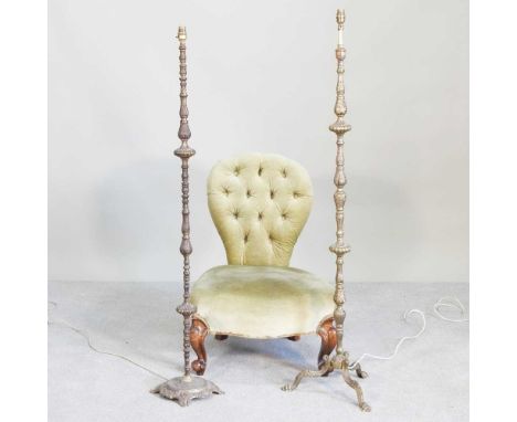 A button back side chair, together with a brass floor lamp and another larger, 141cm high (3)