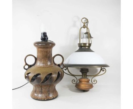 A stoneware table lamp, together with a hanging oil lamp (2)