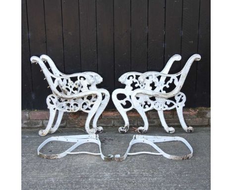 A pair of white painted metal bench ends, together with another pair and bench supports (6)