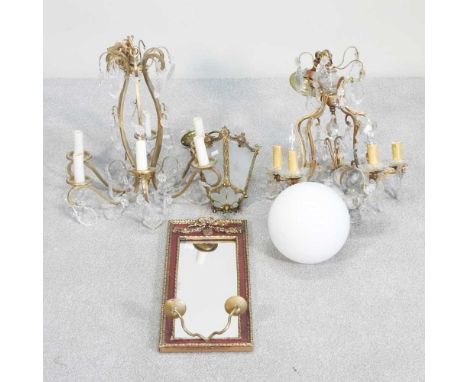 A gilt metal six branch chandelier, 46cm high, together with another similar, a pendant ceiling light, a parcel gilt girandol