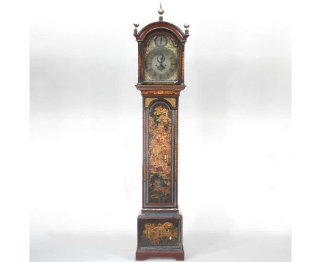 An 18th century lacquered and chinoiserie decorated longcase clock, the twelve inch arched brass dial, signed John Burges, So