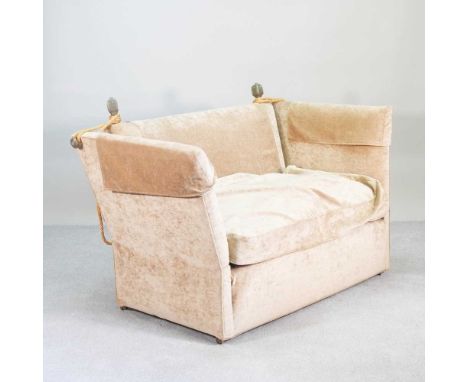 An early 20th century tan upholstered knole sofa, with drop ends136w x 79d x 96h cm