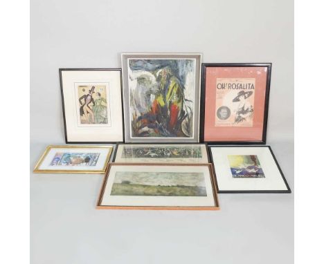 English school, 20th century, abstract, oil on board, 51 x 41cm, together with a collection of pictures and prints (7)
