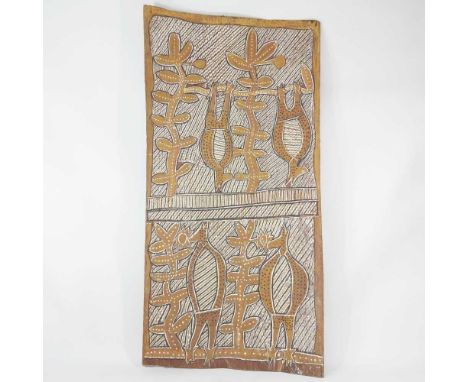 Aboriginal school, 20th century, Sea Creatures and Rangga, painting on bark, 101 x 49cm