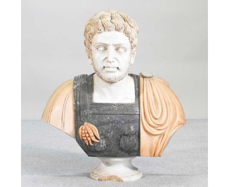 Continental school, 20th century, a life sized carved specimen marble portrait bust, probably of the Roman Emperor Caracalla,