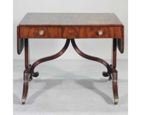 A 19th century mahogany sofa table, with a hinged top, on a splayed base86w x 69d x 73h cm