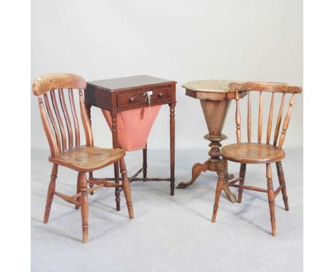 A 19th century mahogany ladies' work table, together with a trumpet shaped workbox and two stick back dining chairs (4)