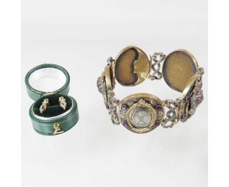 An antique continental gilt flexible bracelet, set with portrait medallions, together with a pair of 9 carat gold pendant ear