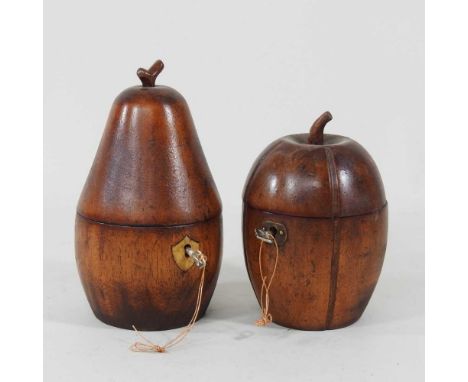 A modern wooden tea caddy, in the form of a melon, together with another in the form of a pear (2)