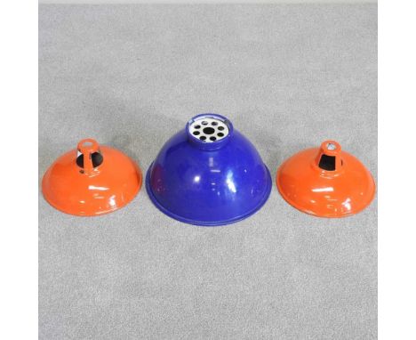 A pair of mid 20th century orange enamelled light shades, together with another larger, 34cm wide (3)34w x 34d x 23h cm
