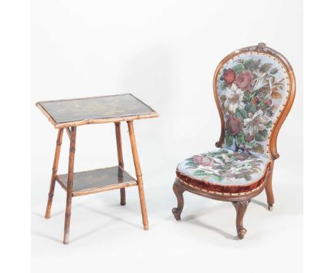 A Victorian beadwork upholstered side chair, together with an early 20th century bamboo occasional table (2)