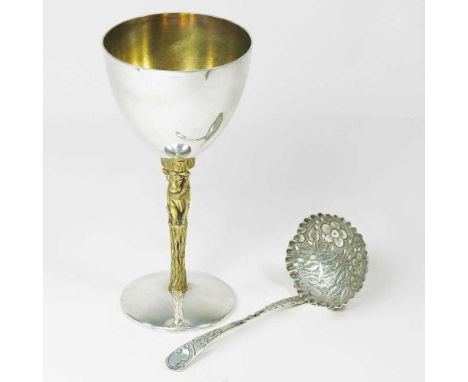 A silver and silver gilt goblet, with a textured stem, modelled as a bull, for the Royal Agricultural Society of England, 184