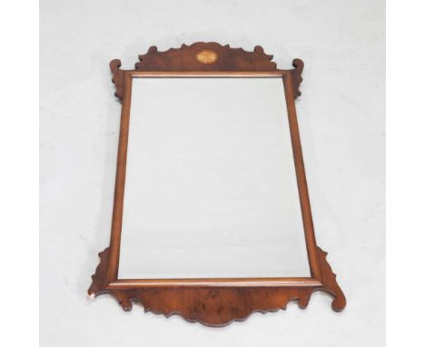 A Georgian style yew wood and inlaid fret carved wall mirror, with a scrolled surround, 99 x 58cm