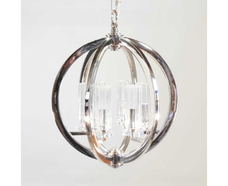 A modern Eros six branch nickel ceiling light, of globe shape, with glass shades46d x 60h cm