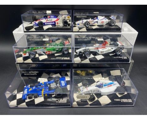6 Pauls Model Art MINICHAMPS racing cars (1:43 scale) (700g) Includes: Stewart Ford SF 1 - J. Magnussen B-A-R Honda 006 - T. 