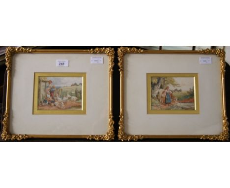 Myles Birkett Foster (1825 - 1899), a pair of watercolours, farming girls with geese and leading a cow to water. Each monogra