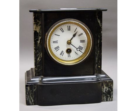 A 19th Century slate and marble cased mantle clock with circular dial and Roman numerals CONDITION REPORT; Approximately 23 c