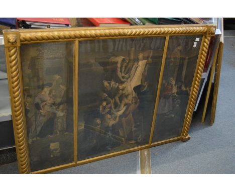 A large religious colour print mounted as three in an over-mantle stye frame.