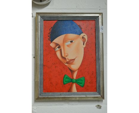 Alexey Kirjanov, an unusual bust length portrait of a man wearing a green bow tie, oil on canvas, signed and dated 2000.