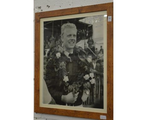 Motor Racing interest, a large photographic print of the motor racing driver Mike Hawthorn, signed with very best wishes Mike