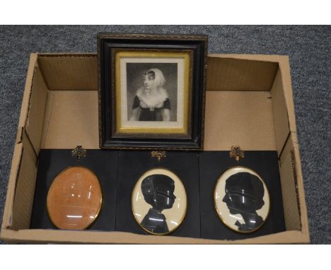 A pair of portrait miniature silhouettes and two other items.