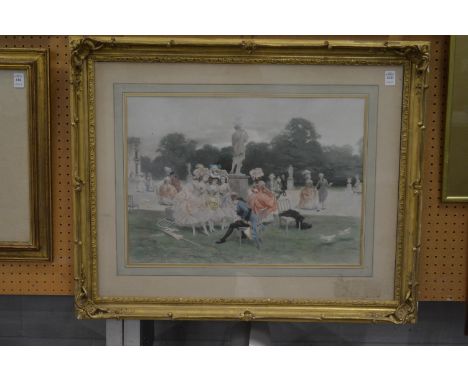 After Lucius Rossi, a chromolithographic print, ladies and gentleman gathered in a garden with marble statues.