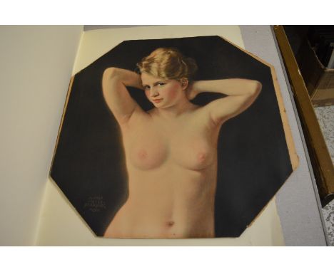 A female nude torso, colour print, shaped octagonal, unframed.