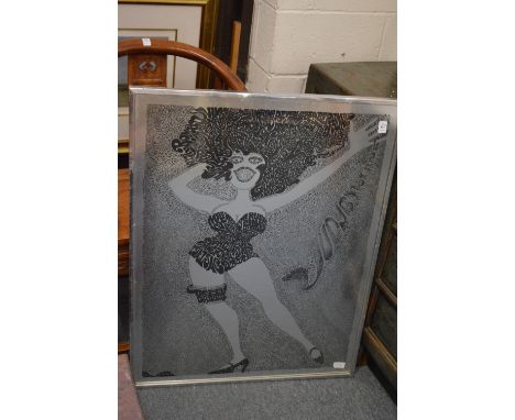An unusual foil print depicting a female cabaret dancer, formed from the names of various actors and actresses.