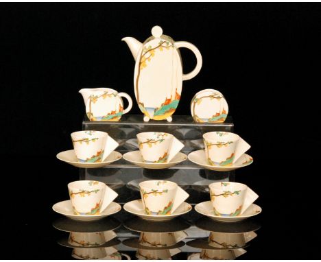 Clarice Cliff - Secrets - A Bon Jour coffee service circa 1933, comprising coffee pot, cream, sugar, six cups and saucers all
