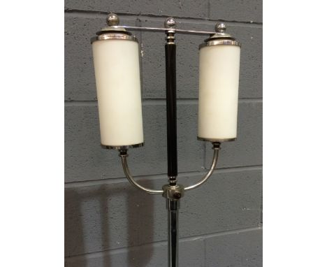 Unknown - An Art Deco twin light standard lamp, with cylindrical shades above chromium plated and blackened steel supports ov