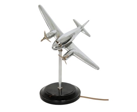 Unknown - A 1930s Art Deco chrome plated desk lamp in the form of a twin propeller plane with internally light fitting, mount