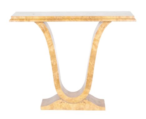 Unknown - An Art Deco style burr walnut console table of stepped rectangular form, raised to a U-shaped elliptical support an