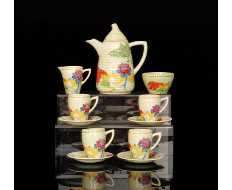 Clarice Cliff - Avon - A Lynton shape part coffee service circa 1936 comprising coffee pot, cream, sugar and four cans and sa