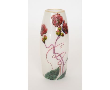 Mont Joye & Cie - A late 19th Century cased opal glass vase of swollen cylindrical form, hand enamelled with Art Nouveau styl