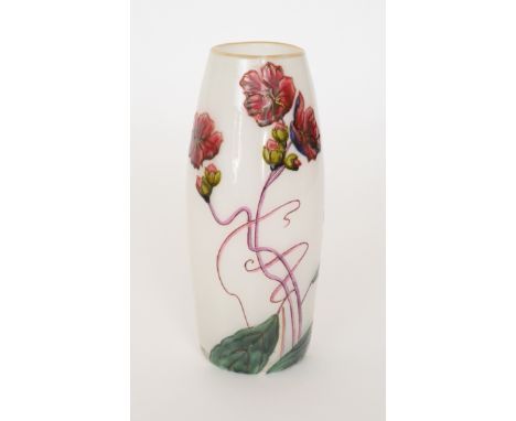 Mont Joye & Cie - A late 19th Century cased opal glass vase of swollen cylindrical form, hand enamelled with Art Nouveau styl