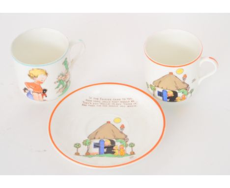 Mabel Lucie Attwell - Shelley - A 1930s teacup and saucer decorated with a thatched cottage with a young girl peering out to 