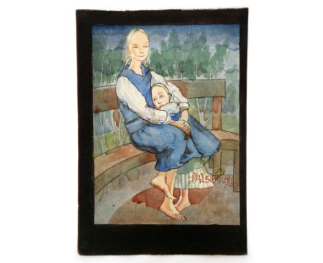 Albert Wainwright (1898-1943) - A pen and ink drawing with colour wash of a mother seated to a bench with her child to her la