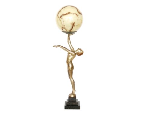 Unknown - A spelter table lamp modelled as a semi nude female with right arm aloft holding a marbled globe shade, all to a st