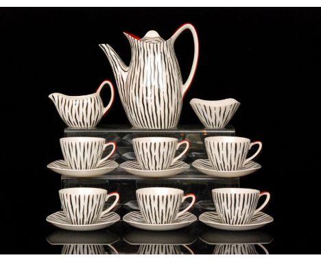 Jessie Tait - Midwinter Stylecraft - A Zambesi pattern Fashion Shape coffee service comprising coffee pot, six cups and sauce