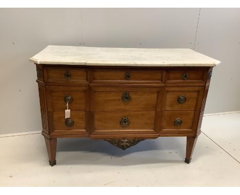 A 19th century French mahogany marble top five drawer commode, width 132cm, depth 63cm, height 88cm