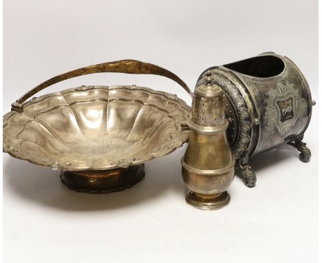 A George IV silver bread basket, London, 1827? (marks rubbed), diameter 31cm,   together with a 1930's silver sugar caster, g