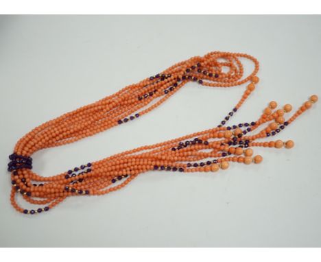 A recent coral, amethyst and yellow metal bead sautoire necklace, approx. 126cm.