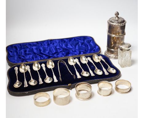 A cased set of twelve late Victorian silver teaspoons with tongs, William Hutton &amp; Sons, London, 1898, a late Victorian s