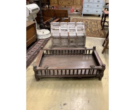 An iron bound hardwood ark trunk, width 60cm, height 52cm together with a rectangular galleried tray