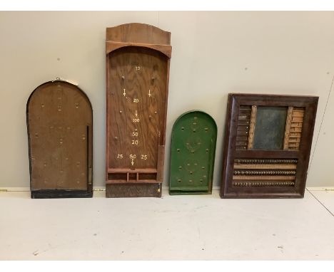 Three vintage bagatelle boards and an abacus scoreboard