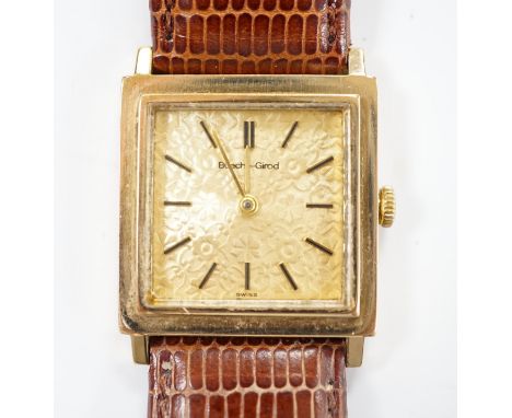 A gentleman's 9ct gold Bueche Girod manual wind square cased dress wrist watch, on a leather strap.