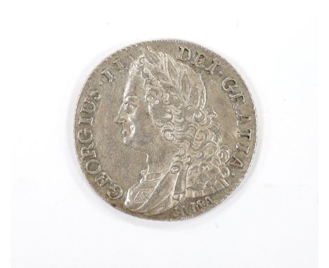 British silver coins, George II Shilling, 1745 lima (S3703), tiny dent to edge at 12 o’clock otherwise EF