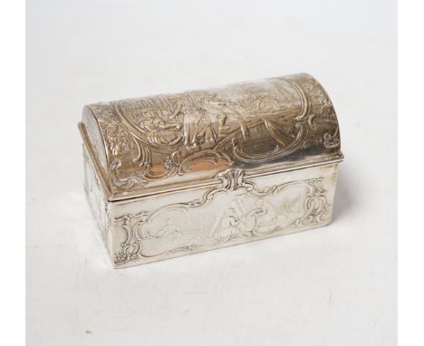 An early 20th century repousse Hanau silver box, modelled as a travelling trunk, import marks for Berthold Muller, Chester, 1